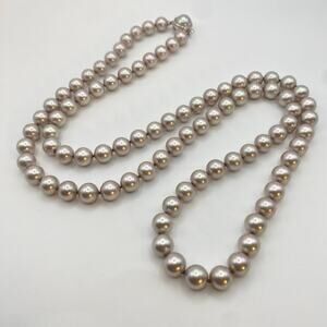 Signed Majorica Faux Pearl Necklace Pink Aubergine 925 Silver Rhodium Clasp-30"L